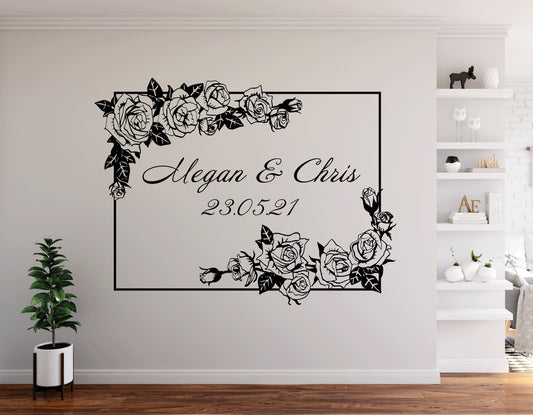 Custom Vinyl Wedding Sign, Rose Frame Design Personalised Sticker Decals