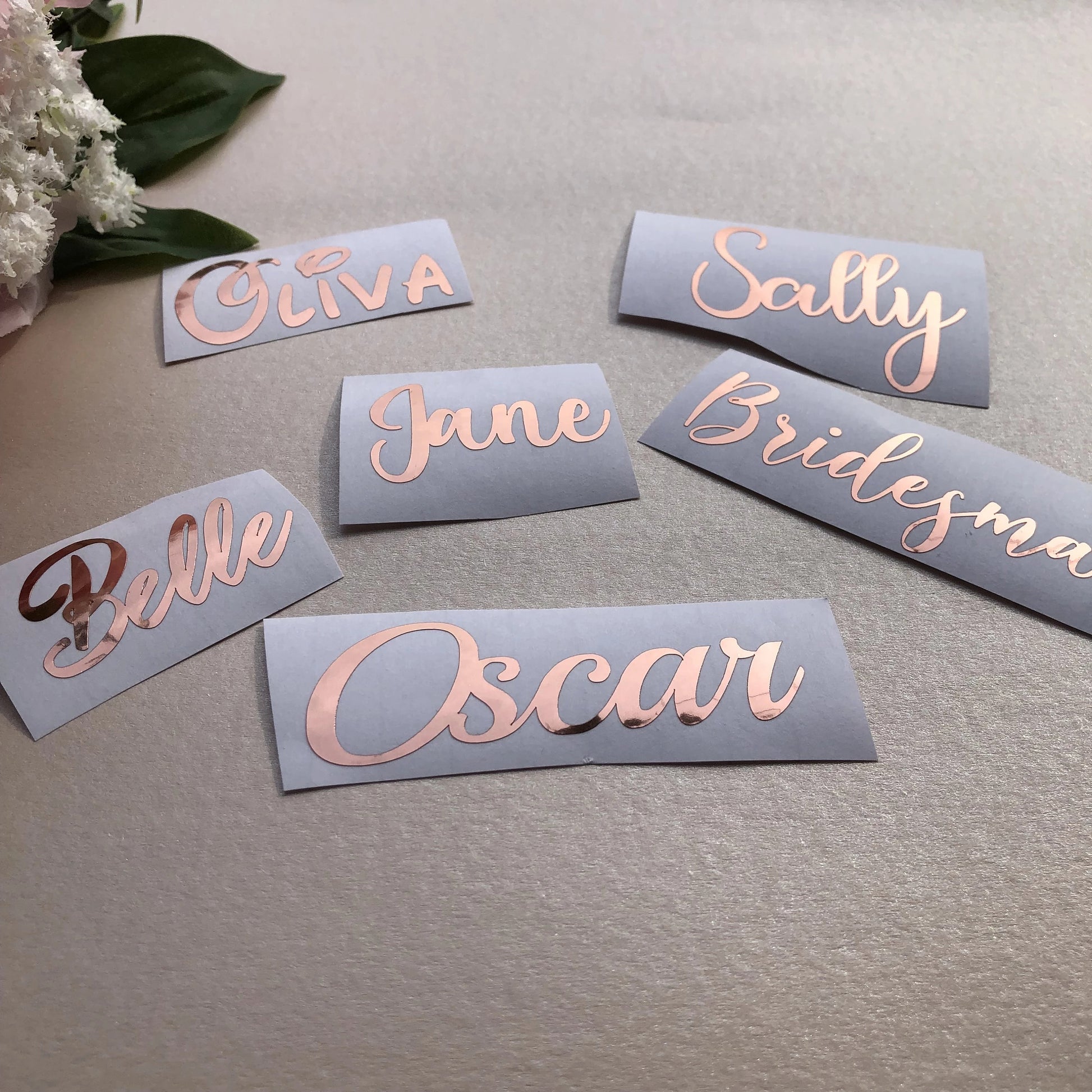 Custom Metallic Vinyl Name Label Stickers, Personalised Decals, Rose Gold, Silver & Copper for Walls, Weddings and Organising Small/ Large