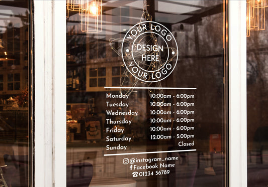 Custom Vinyl Opening Times Decal for Business with Logo Personalised Stickers for Shop Windows Small to Extra Large