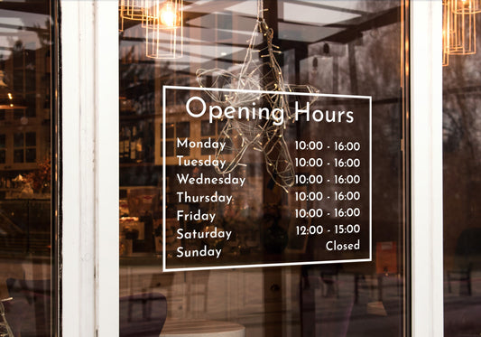 Custom Vinyl Opening Times Decal for Business with Logo Personalised Stickers for Shop Windows Small to Extra Large