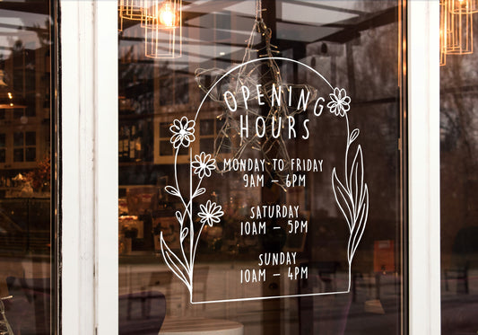 Custom Vinyl Opening Times Decal for Business with Cute Flower Frame Logo Personalised Stickers for Shop Windows Small to Extra Large