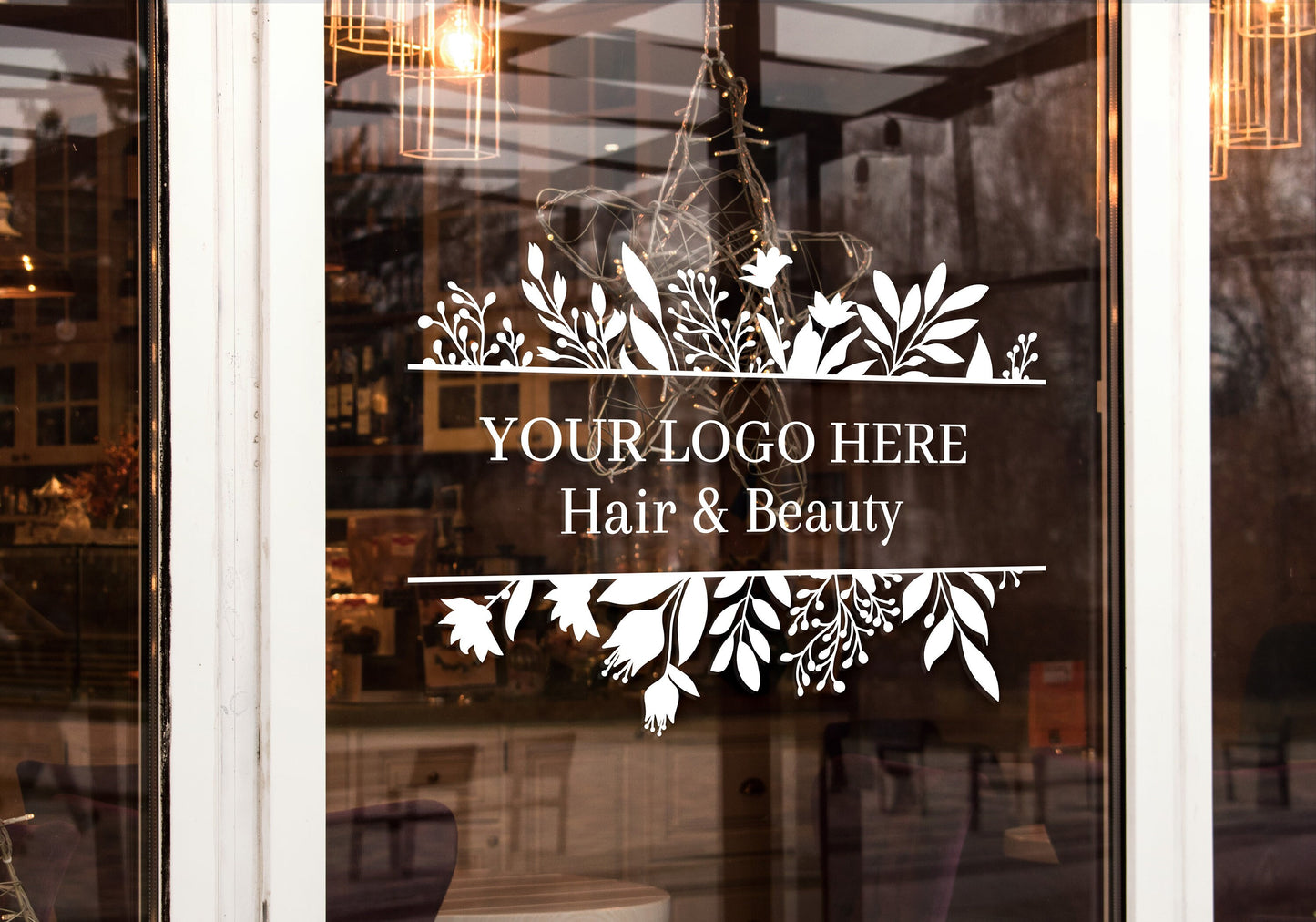 Custom Business Logo Leaf & Flower Frame Design Personalised Vinyl Cutting Sticker Decals for Shop Windows Small to Extra Large