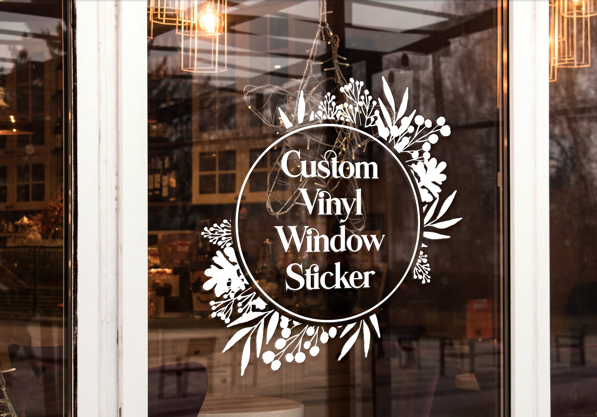 Custom Business Logo Eucalyptus Leaf & Flower Frame Design Personalised Vinyl Cutting Sticker Decals for Shop Windows Small to Extra Large