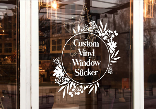 Custom Business Logo Eucalyptus Leaf & Flower Frame Design Personalised Vinyl Cutting Sticker Decals for Shop Windows Small to Extra Large