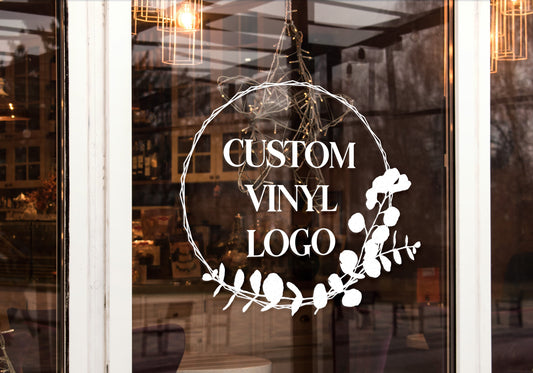 Custom Business Logo Eucalyptus Leaf & Flower Frame Design Personalised Vinyl Cutting Sticker Decals for Shop Windows Small to Extra Large