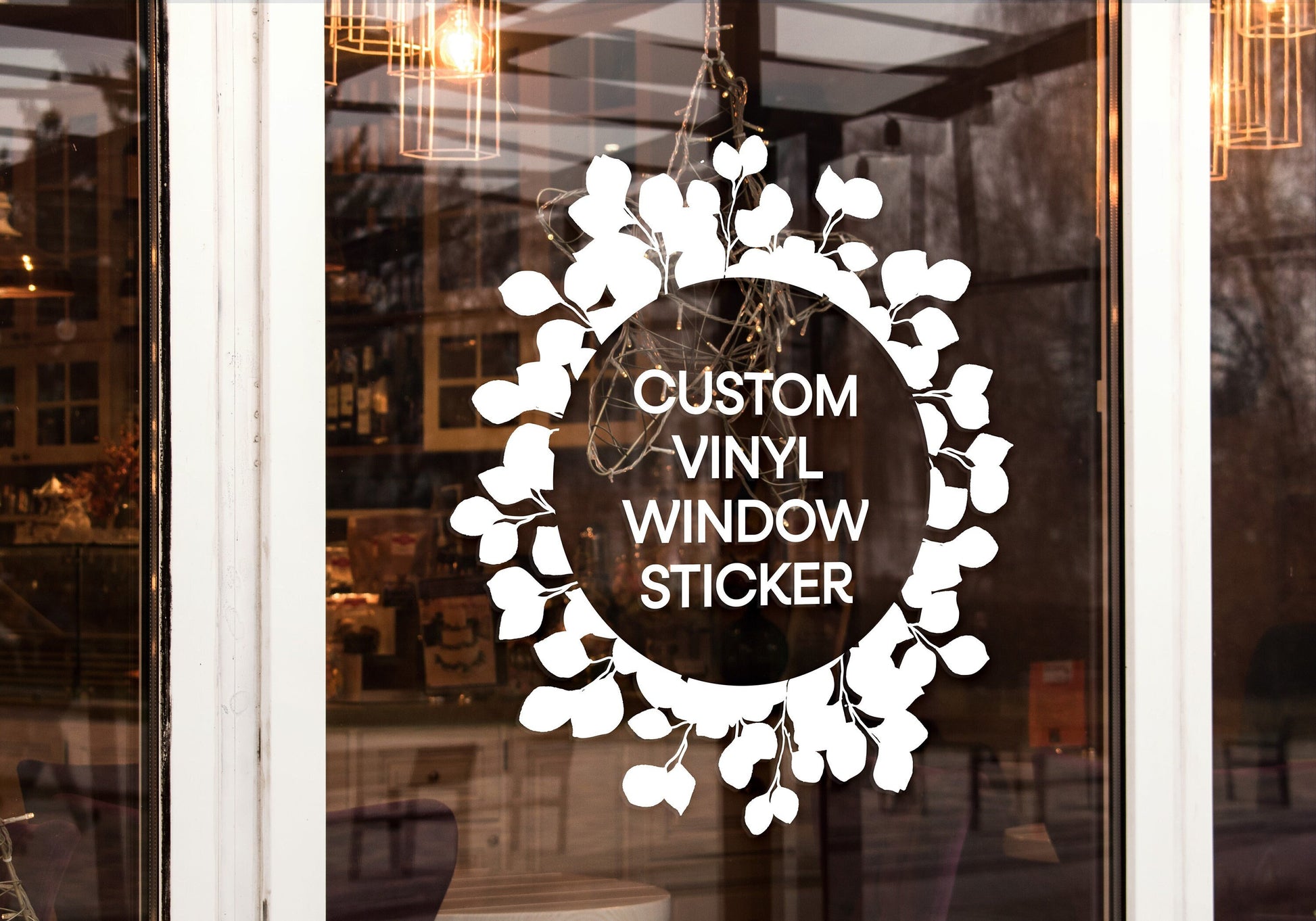 Custom Business Logo Eucalyptus Leaf & Flower Frame Design Personalised Vinyl Cutting Sticker Decals for Shop Windows Small to Extra Large