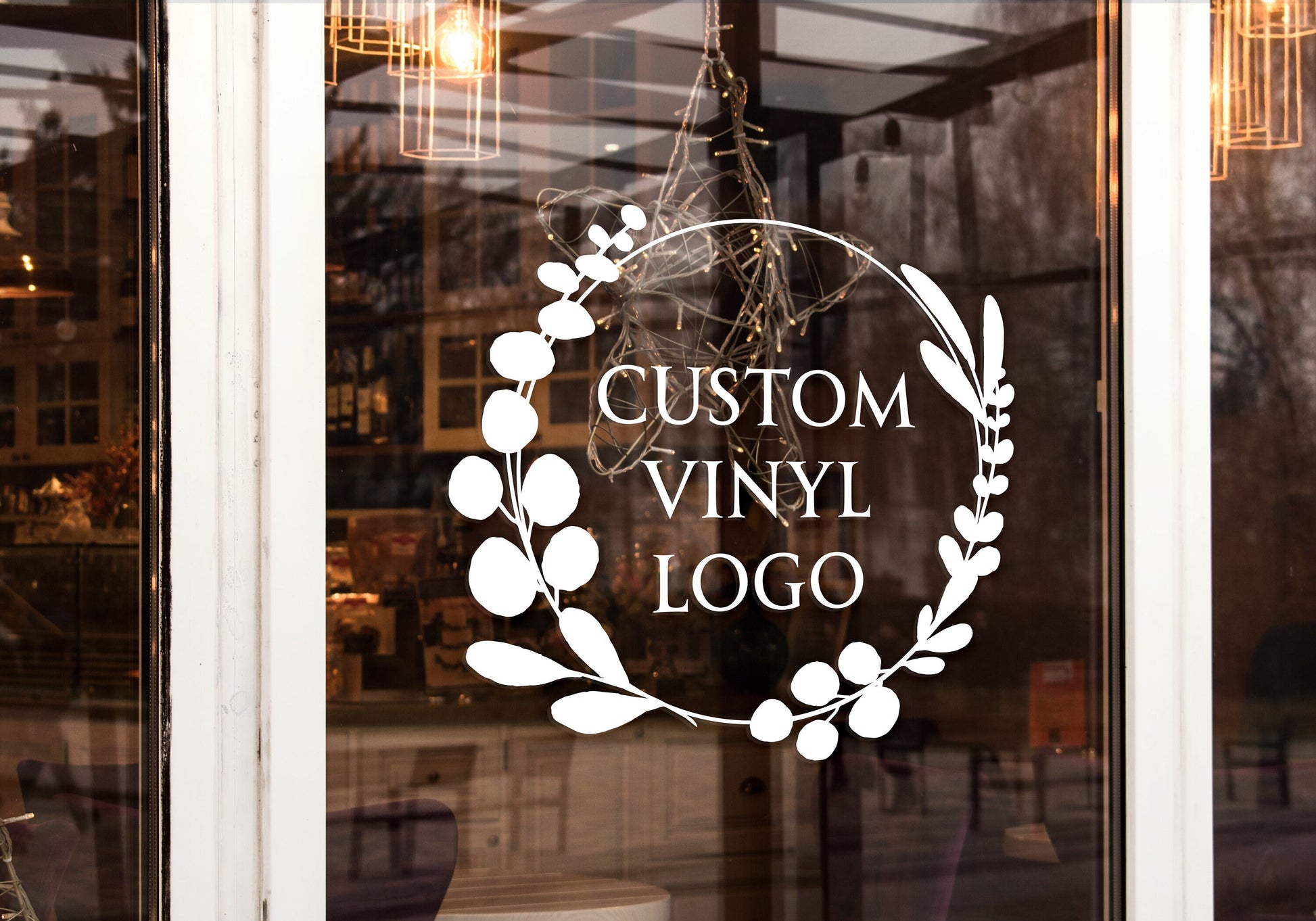 Custom Business Logo Eucalyptus Leaf & Flower Frame Design Personalised Vinyl Cutting Sticker Decals for Shop Windows Small to Extra Large